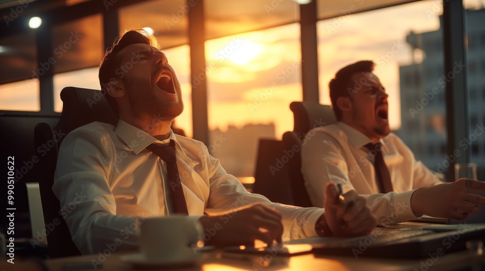 Two men in white dress shirts and ties sit at their desks, yawning as the sun sets outside the office windows, creating a relaxed yet tired atmosphere Two men in white dress shirts and ties sit at their desks, yawning as the sun sets outside the office windows, creating a relaxed yet tired atmosphere