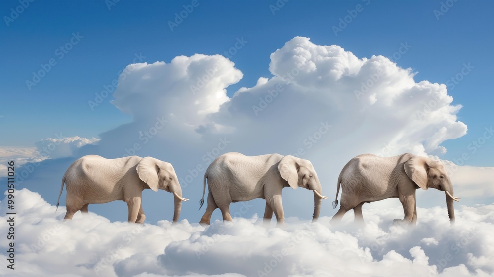 Fototapeta premium Three elephants traverse a sea of soft clouds against a stunning blue sky, evoking a dreamy and imaginative setting that captivates the viewer's imagination and curiosity