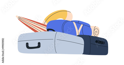 Luggage, travel baggage pile for summer vacation. Suitcases, backpack and bea...