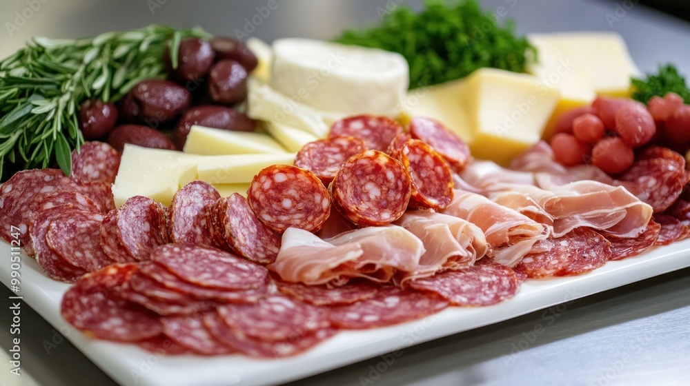 Closeup of sliced salami, prosciutto, and cheese on a white platter. Closeup of sliced salami, prosciutto, and cheese on a white platter.