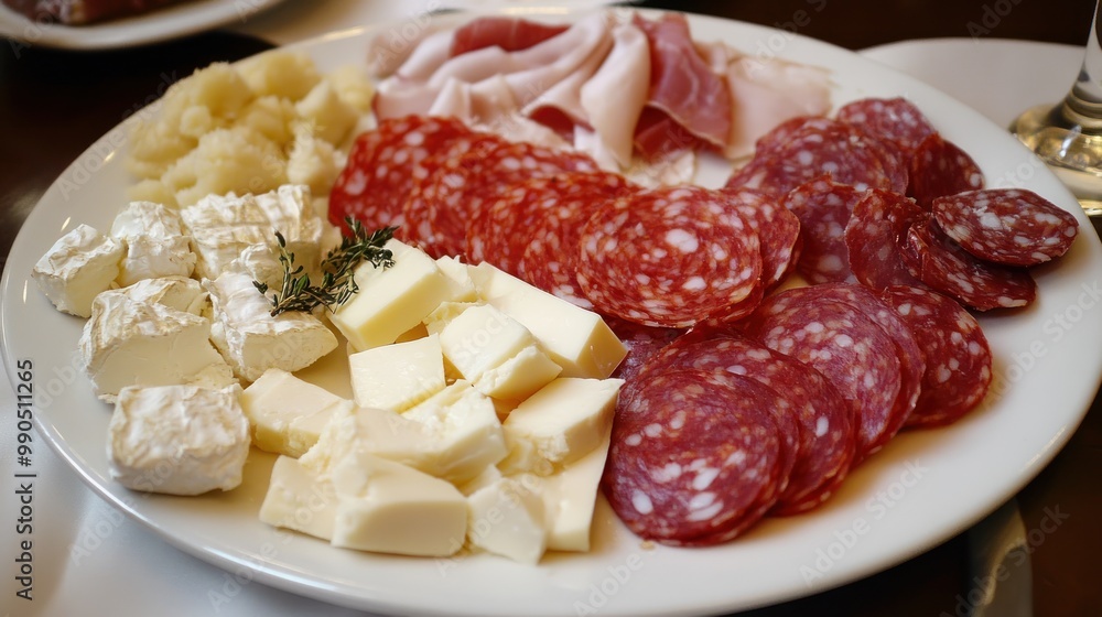 A plate of sliced salami, ham, and various cheeses. A plate of sliced salami, ham, and various cheeses.