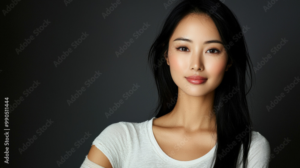 confident woman in her 30s with long black hair and natural makeup look, exuding elegance and poise against dark background confident woman in her 30s with long black hair and natural makeup look, exuding elegance and poise against dark background