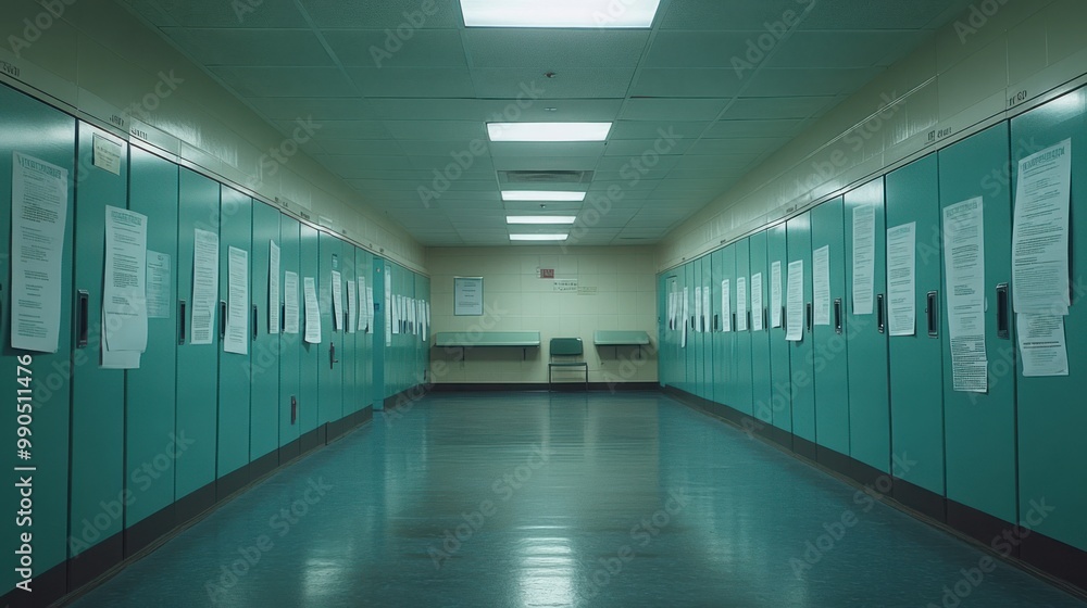 A hallway lined with teal cabinets and notices on the walls, creating an organized atmosphere. A hallway lined with teal cabinets and notices on the walls, creating an organized atmosphere.