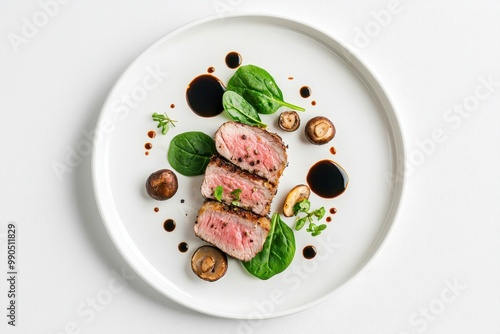 Top view of sliced medium-rare steak served with mushrooms, spinach, and balsamic drizzle on a white plate for gourmet dining.