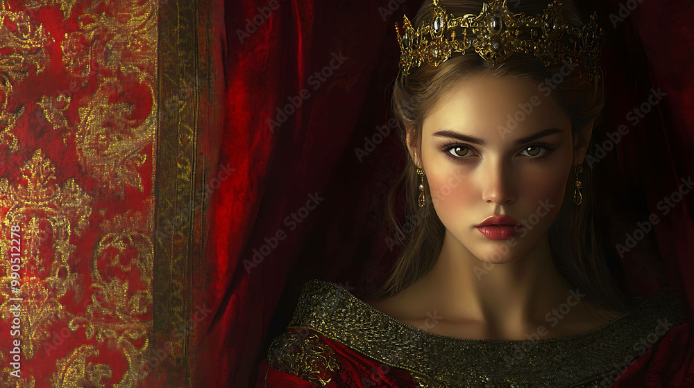 A beautiful young woman with long brown hair and green eyes wearing a gold crown and a red dress. A beautiful young woman with long brown hair and green eyes wearing a gold crown and a red dress.