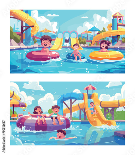 Aquatic park cartoon vector scenes. Waterpool spiral happy kids boy girl pipes slides loungers umbrellas swimming pool sun tropical recreation resort characters landscape trip vacation illustrations