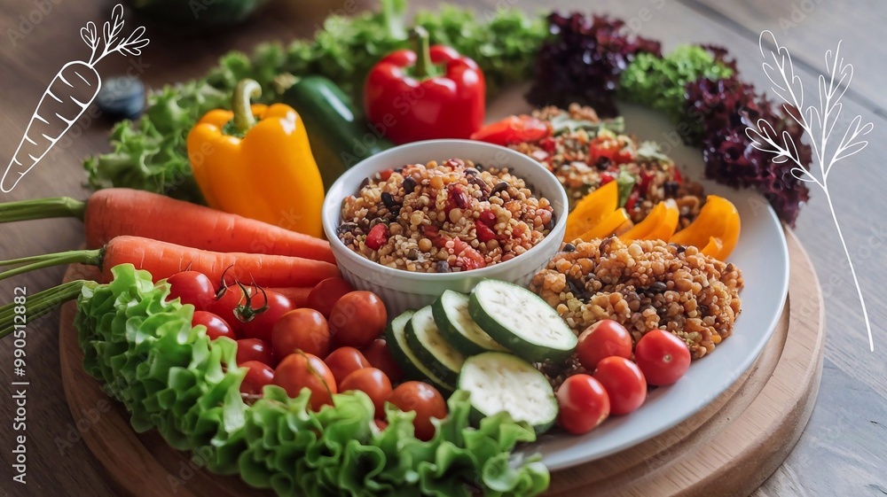 Plate of fresh vegetables, quinoa, lentils, and grains with artistic leaf decorations and hand-drawn elements around Plate of fresh vegetables, quinoa, lentils, and grains with artistic leaf decorations and hand-drawn elements around