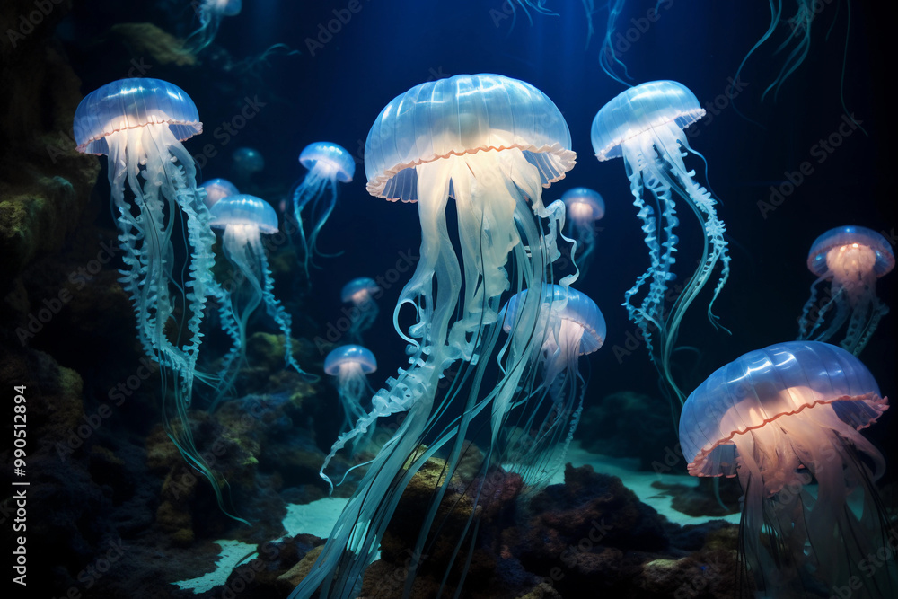Fototapeta premium mesmerizing scene of a glowing jellyfish ballet taking place in the depths of an underwater cave. Generative AI