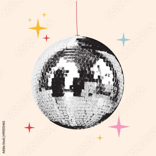 Shiny disco ball. Halftone photocopy stipple effect collage element with sparkling reflections isolated on beige background for party and celebration theme. Abstract dotted torn out paper party globe.