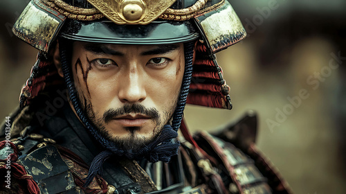 Close-up portrait of a samurai warrior wearing a traditional helmet and armor.