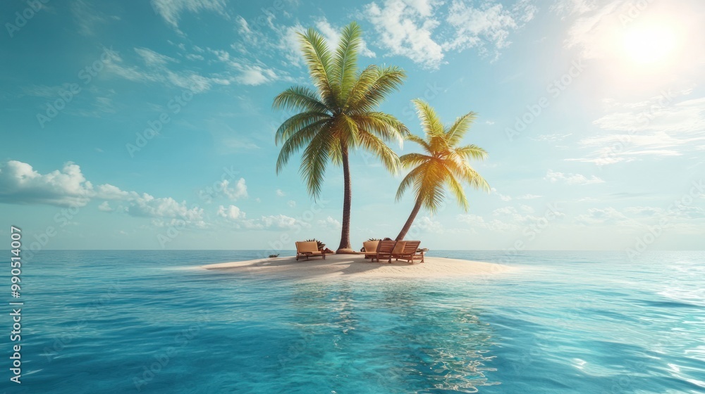 Obraz premium Two palm trees on a small, sandy island in a blue ocean with lounge chairs under the trees.