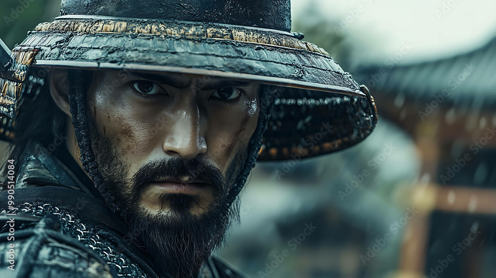 Close-up portrait of a samurai warrior in traditional armor, looking intensely at the camera. Close-up portrait of a samurai warrior in traditional armor, looking intensely at the camera.