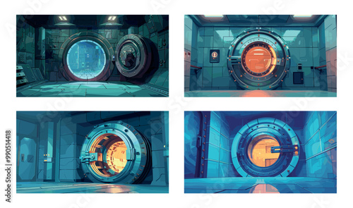 Bank vault cartoon vector concepts. Round massive metal open close safe electronic door lock high security values keeping instance, money cash safety secure illustrations