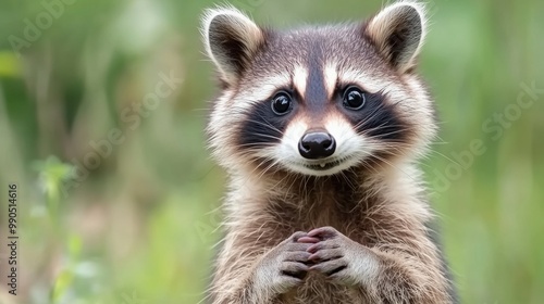 A raccoon is standing with its paws together and looking at the camera, AI