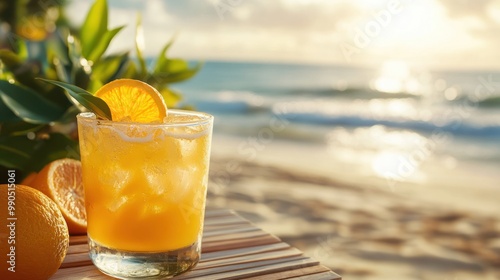 A refreshing orange juice drink on a tropical beach with an orange slice garnish.