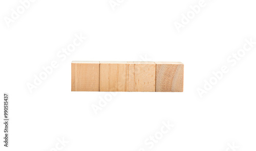 Four wooden square blocks, in a row, isolated on transparent background.