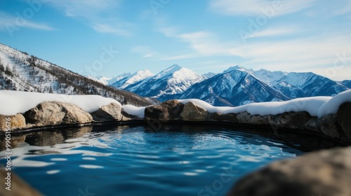 Wallpaper Mural A steaming hot spring surrounded by snow, offering a clear view of majestic snow-covered mountains under a bright blue winter sky.. Torontodigital.ca