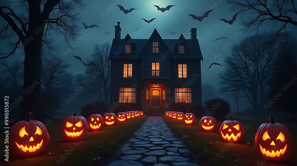 Enchanted Forest Pathway Illuminated by Glowing Pumpkins Leading to Mysterious Witch's Cottage Enchanted Forest Pathway Illuminated by Glowing Pumpkins Leading to Mysterious Witch's Cottage