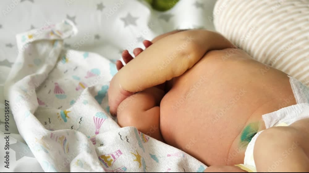 Close-up of a newborn baby sleeping and stretching on a patterned nappy. The baby has a healing stump of the umbilical cord treated with antiseptic Close-up of a newborn baby sleeping and stretching on a patterned nappy. The baby has a healing stump of the umbilical cord treated with antiseptic