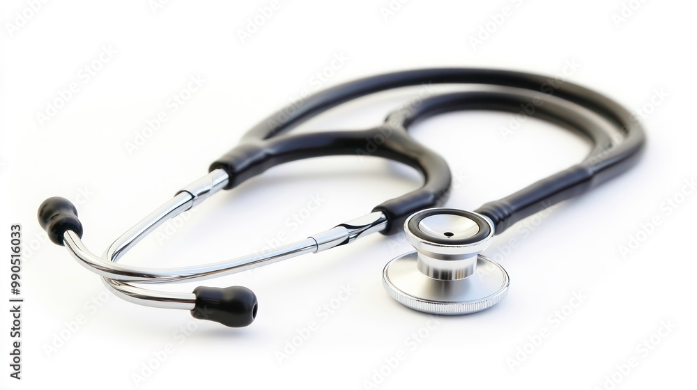 A silver stethoscope with a black tube on a white background. A silver stethoscope with a black tube on a white background.