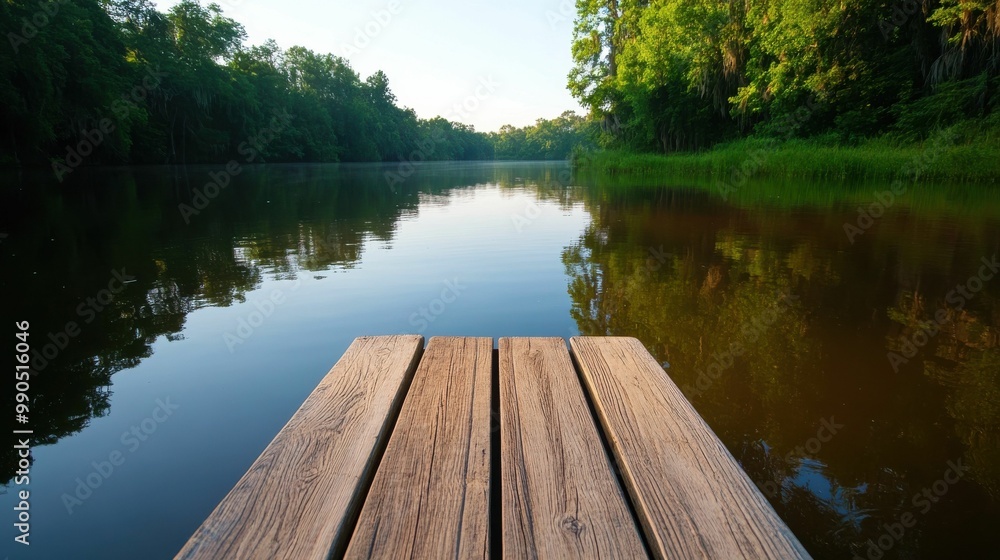 A wooden dock extends over a still river, surrounded by lush green forest and a clear sky, creating a peaceful and natural setting.. A wooden dock extends over a still river, surrounded by lush green forest and a clear sky, creating a peaceful and natural setting..