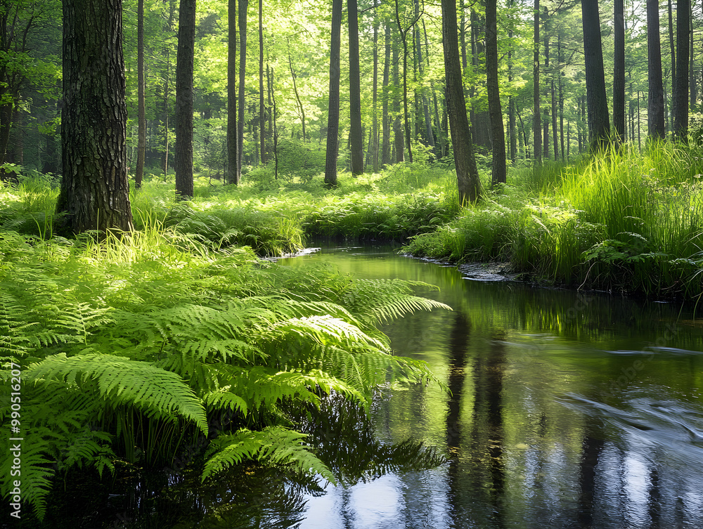 Obraz premium Ferns growing along a stream in a peaceful forest.