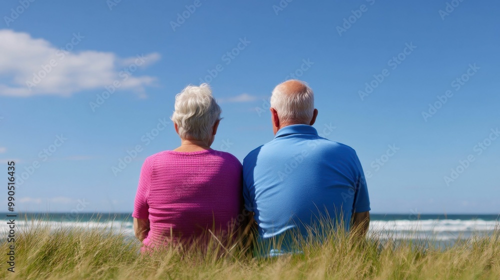 Fototapeta premium An elderly couple sits on coastal dunes, enjoying a sunny day by the ocean with calm waves under a bright blue sky, dressed casually..