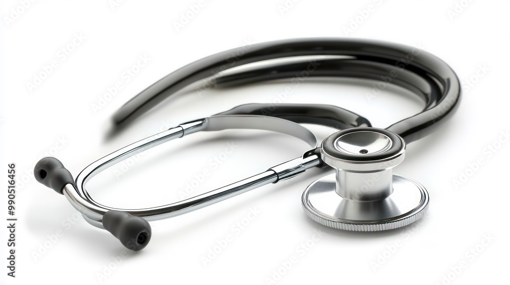 A shiny silver stethoscope with a black tube is laid out on a white background. The stethoscope is a symbol of healthcare and medicine. A shiny silver stethoscope with a black tube is laid out on a white background. The stethoscope is a symbol of healthcare and medicine.