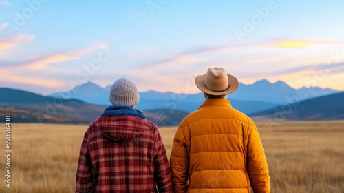 A couple wearing warm jackets stands in an open field, gazing at the distant mountains during a serene autumn sunset under a colorful sky..