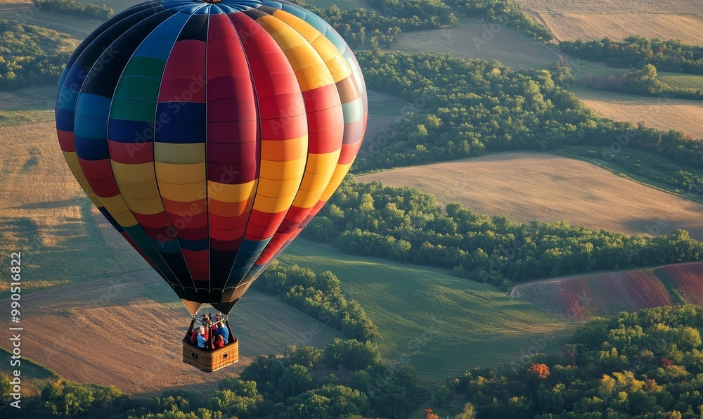 Obraz premium Hot air balloon flying over fields and trees.