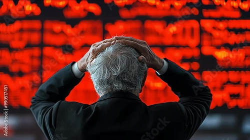 Bear Market Panicking Senior Old Man Watching Crashing Stocks Plunging Slumping Bearish Financial Crisis Recession Collapse Panic Selling Anxious Mad Loss Pension Savings Investment