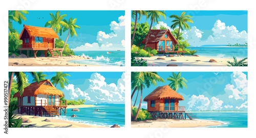 Bungalow beach hut cartoon vector scenes. Tropical palms ocean sea marine stilts house apartment coast island gulf resort private cottage landscape concepts