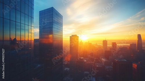 Sunset Over City Skyline with Modern Skyscrapers