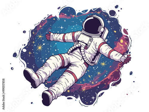 white background, Astronaut floating in space - isolate on a cosmic background with galaxies., very simple and isolate in the style of animated illustrations, white background