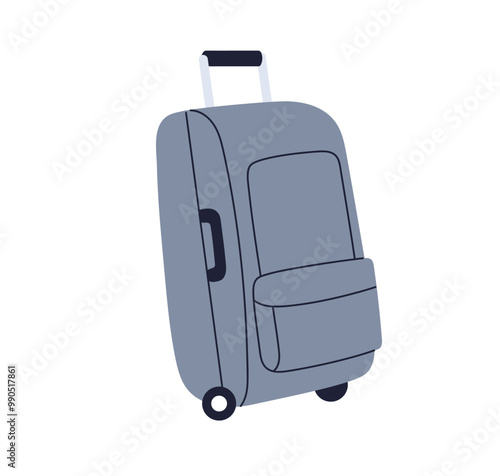 Hand luggage, baggage with handle and spinner wheels. Packed suitcase for holiday. Bag, travel accessory, touristic valise, case, carry-on. Flat vector illustration isolated on white background