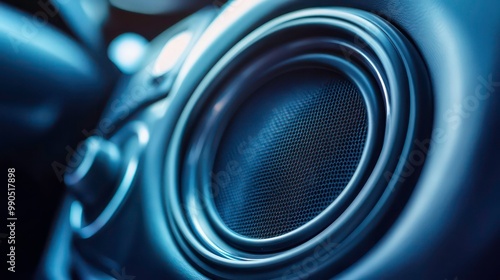 Close-up of a car speaker with a black and silver circular pattern. photo