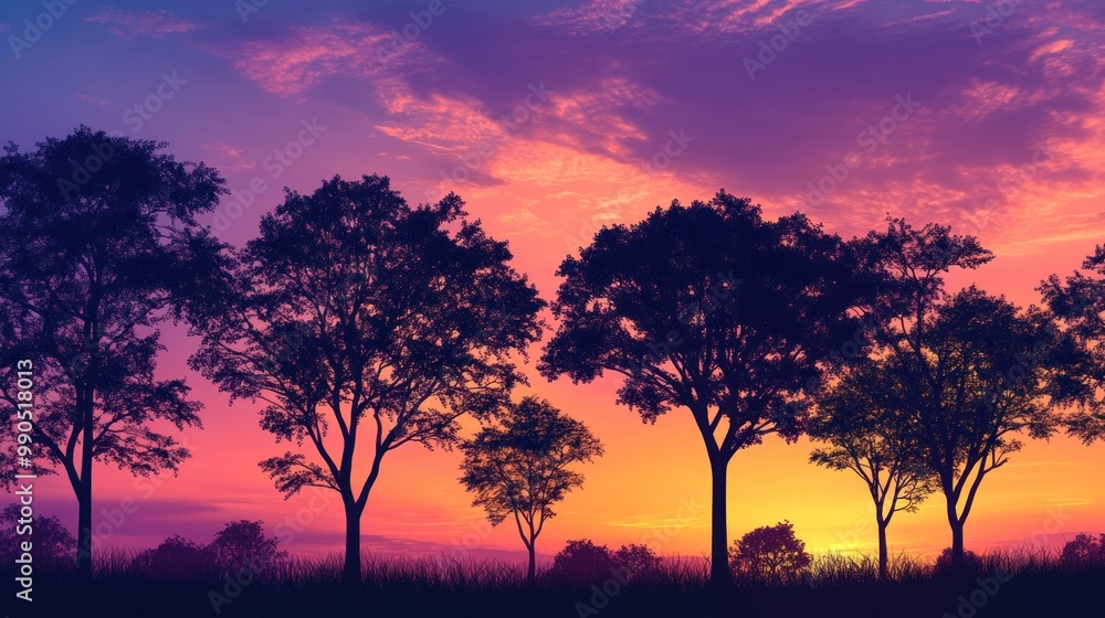 Fototapeta premium Silhouettes of trees against a colorful sunset sky.