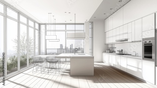 The 3D abstract sketch design of the interior kitchen, large window, central island, modern furniture, appliance, provide a unique perspective of the space