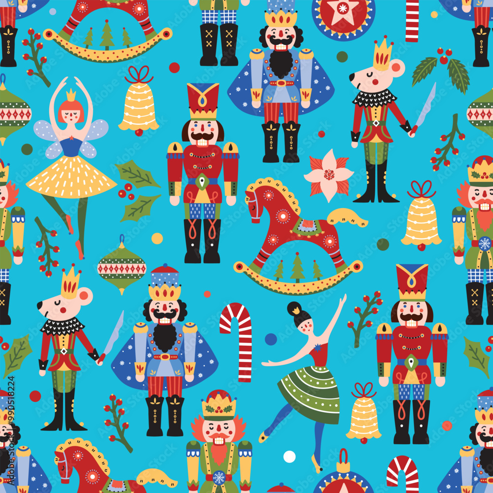 Fototapeta premium Colorful Christmas vector seamless Nutcracker pattern. Can be used for wallpaper, pattern fills, web page background, surface textures.