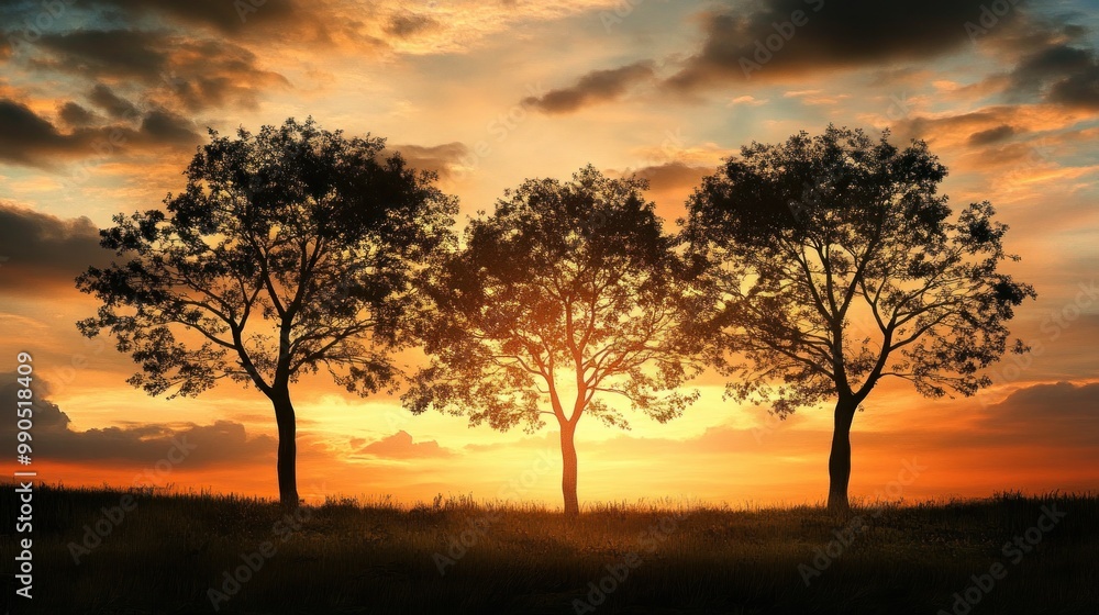 Silhouette of three trees against a sunset sky. Silhouette of three trees against a sunset sky.