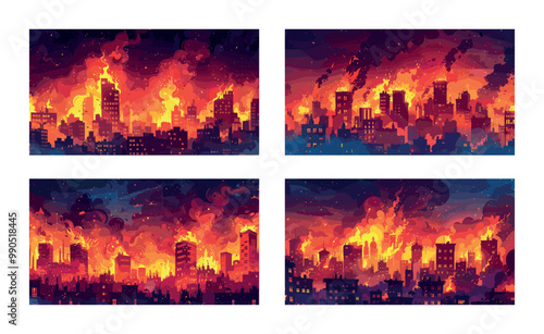 Burning city cartoon vector scenes. Fire flame smoke ashes street devastating chaos destroying building catastrophe accident dark sky disaster landscape illustrations