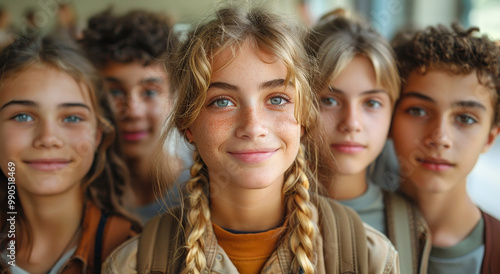 Top View of Multiethnic Young Students Looking Up With Smiles, Friendship and Unity Concept in a School Setting, Ideal for Marketing and Education Themes