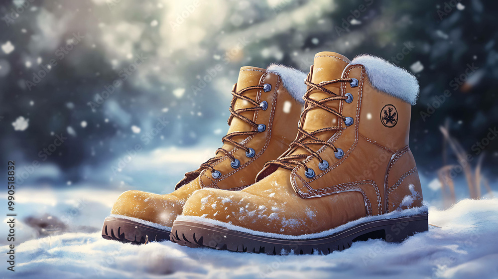 Pair of warm, brown winter boots with fur lining, covered in snow. Pair of warm, brown winter boots with fur lining, covered in snow.