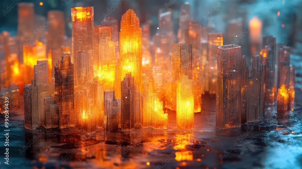 Fototapeta premium Glowing Cityscape at Night with Amber Light Effects