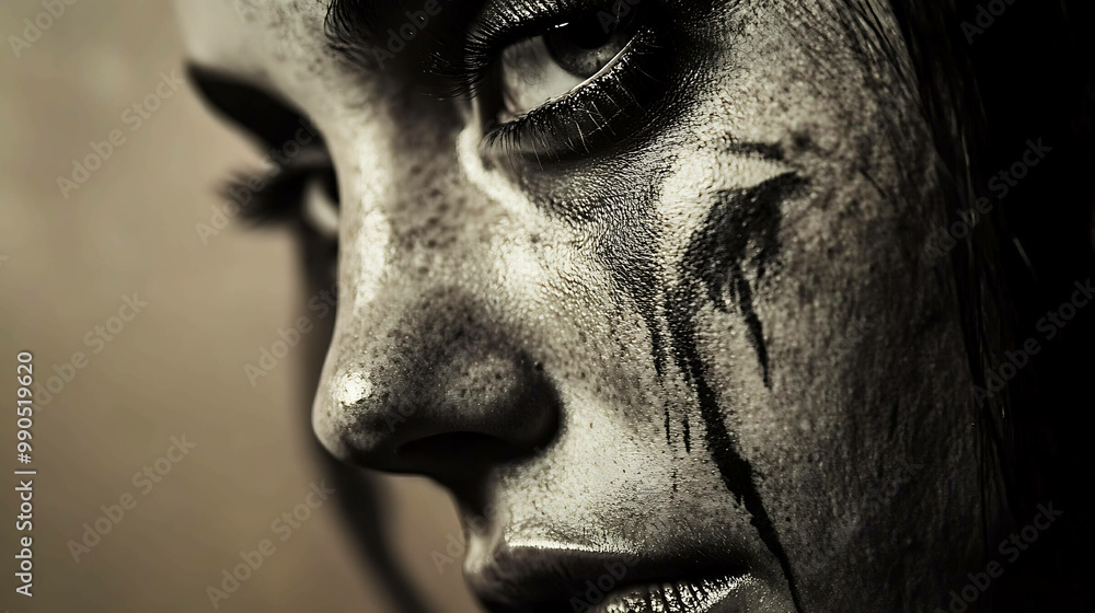 Close up of a woman's eye with streaks of black paint running down her face. Close up of a woman's eye with streaks of black paint running down her face.
