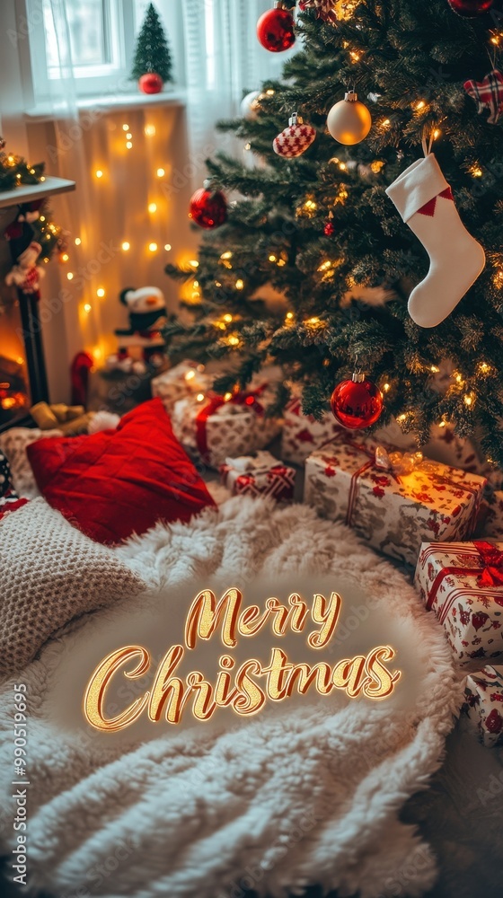 Naklejka premium The festive area has a decorated tree, bright lights, and wrapped gifts for Christmas