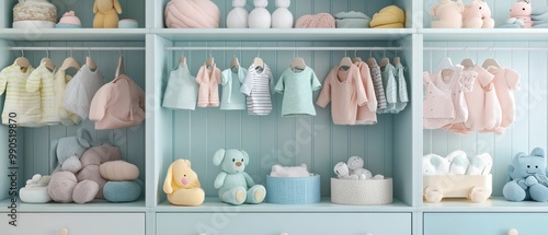 A beautifully organized nursery shelf featuring soft toys and pastel clothing for infants, creating a cozy atmosphere. photo