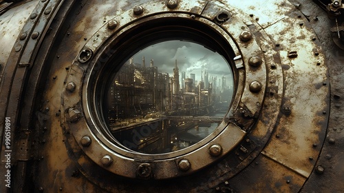 Wallpaper Mural Stainless steel tank with a distorted reflection of a vintage cityscape, sepia tones, steampunk aesthetic, intricate metal textures, high-detail illustration Torontodigital.ca