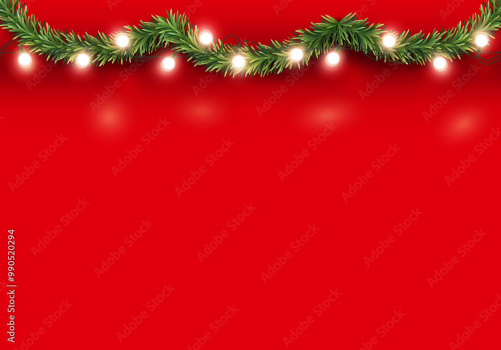 Border with green fir branches and lights on red background. Pine, xmas evergreen plants banner. Vector Christmas tree garland decoration Border with green fir branches and lights on red background. Pine, xmas evergreen plants banner. Vector Christmas tree garland decoration