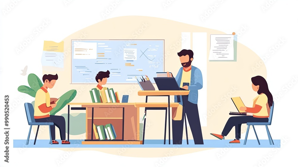 Engaging teacher in a vibrant classroom filled with books and learning materials, passionately interacting with students. Engaging teacher in a vibrant classroom filled with books and learning materials, passionately interacting with students.